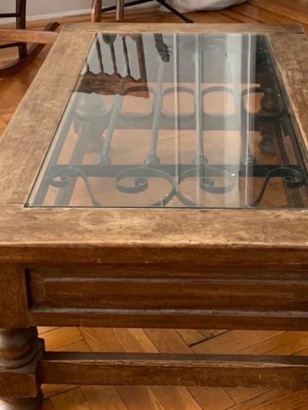 Rustic Brown Wood and Black Iron Glass-Top Coffee Table - Unbranded